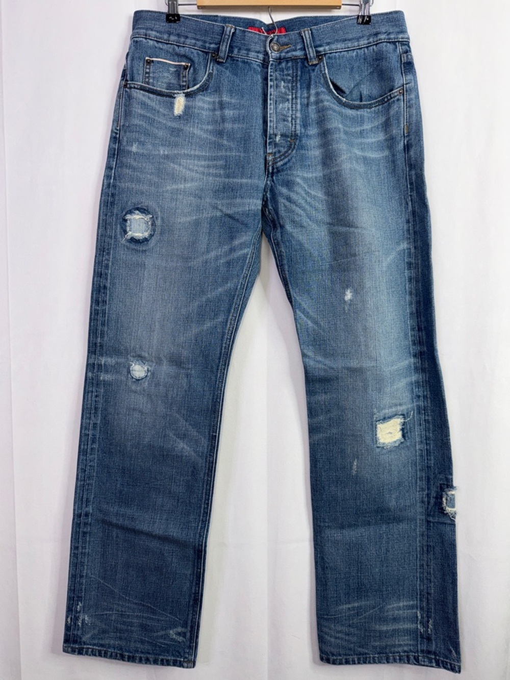 Hugo Men's Button Fly Blue Distressed Straight-Leg Jeans Size 36X34